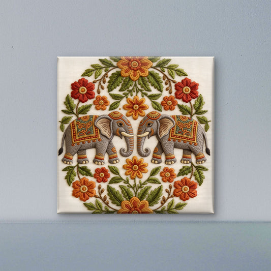 Ornate Elephant Hand Embroidery-Luxurious-Indian Culture &  Folk Art 3D Textured Wall Art | UV Printed Embossed Canvas Wall Frame for Home Decor,living Room