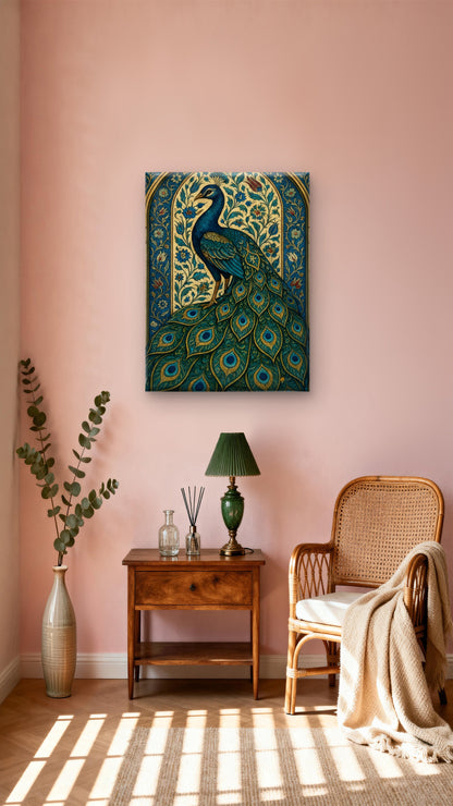Ornate Peacock Jharokha Art-Luxurious-Indian Culture &  Folk Art 3D Textured Wall Art | UV Printed Embossed Canvas Wall Frame for Home Decor,living Room