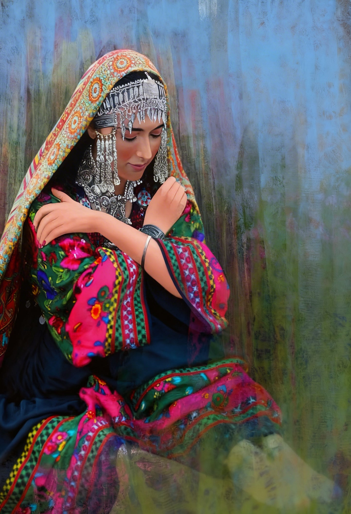 Kashmiri Girl-Luxurious-Indian Culture &  Folk Art 3D Textured Wall Art | UV Printed Embossed Canvas Wall Frame for Home Decor,living Room