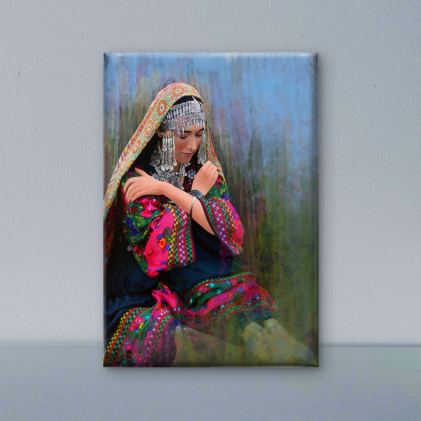 Kashmiri Girl-Luxurious-Indian Culture &  Folk Art 3D Textured Wall Art | UV Printed Embossed Canvas Wall Frame for Home Decor,living Room