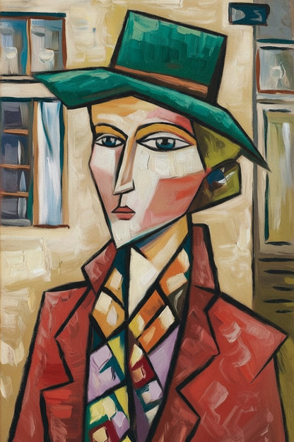 Picasso Style Woman in a Green Hat-Luxurious-Modern Art & Abstract| 3D Textured Wall Art | UV Printed Embossed Canvas Wall Frame for Office,Meditation Space