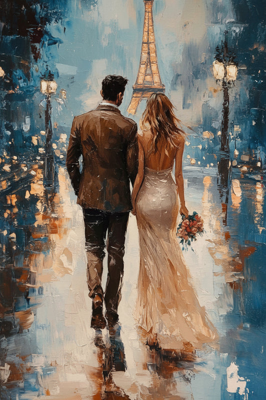 Portrait Abstract Canvas Wall Art Eiffel Tower Paris street Multicolor-Luxurious-Love & Togetherness-3D Textured Wall Art | UV Embossed Canvas Wall Frame for bed room