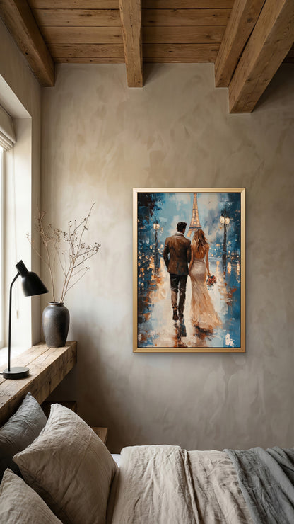 Portrait Abstract Canvas Wall Art Eiffel Tower Paris street Multicolor-Luxurious-Love & Togetherness-3D Textured Wall Art | UV Embossed Canvas Wall Frame for bed room
