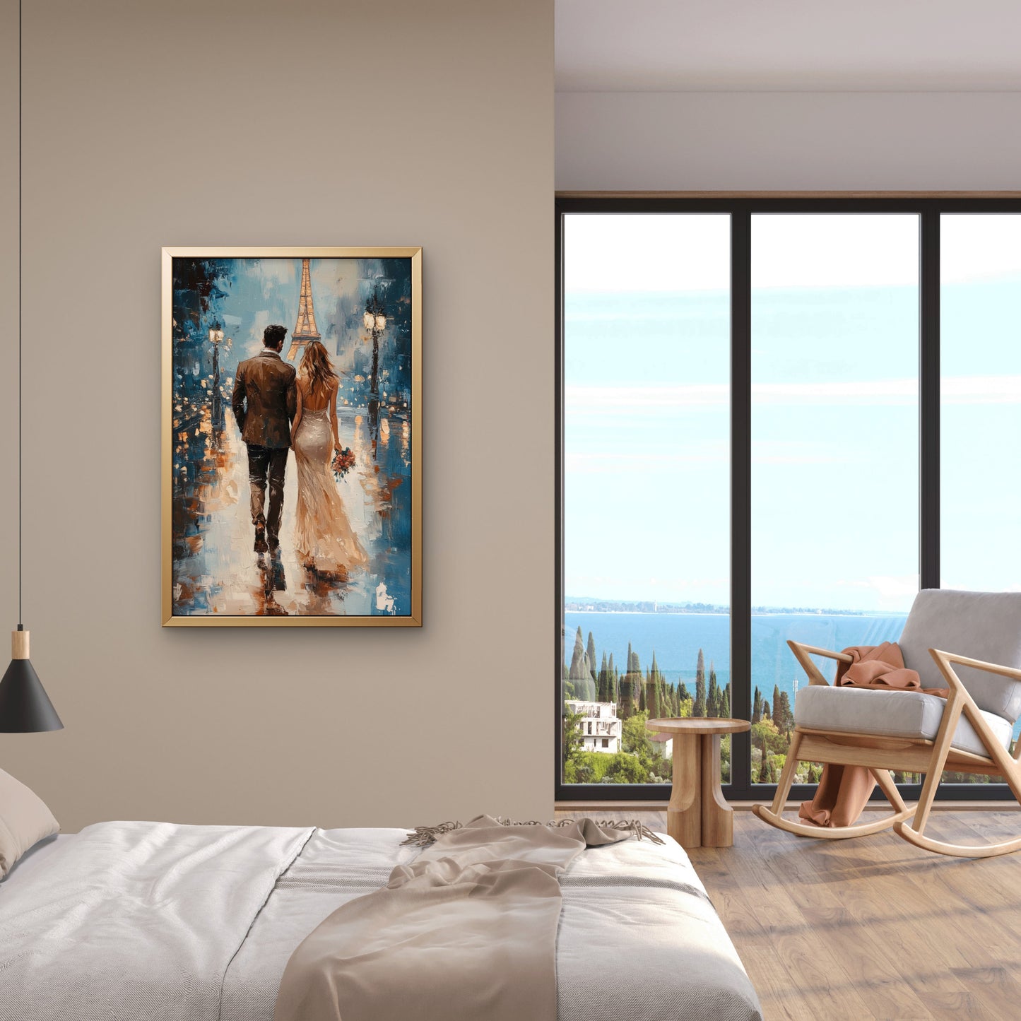 Portrait Abstract Canvas Wall Art Eiffel Tower Paris street Multicolor-Luxurious-Love & Togetherness-3D Textured Wall Art | UV Embossed Canvas Wall Frame for bed room