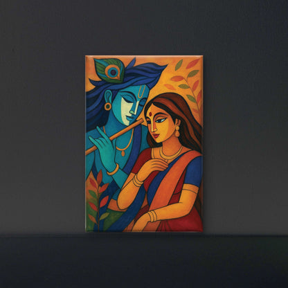 Radha Krishna Abstract Cubist digital Painting-Luxurious-Spiritual & Mindful 3D Textured Wall Art | UV Printed Embossed Canvas Wall Frame for Prayer room ,Meditation Space