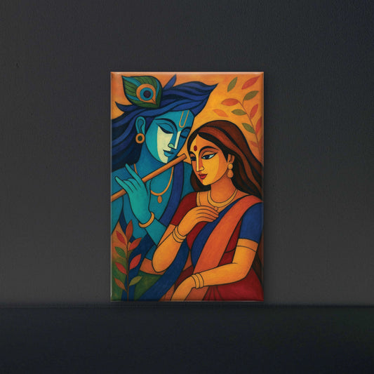 Radha Krishna Abstract Cubist digital Painting-Luxurious-Spiritual & Mindful 3D Textured Wall Art | UV Printed Embossed Canvas Wall Frame for Prayer room ,Meditation Space