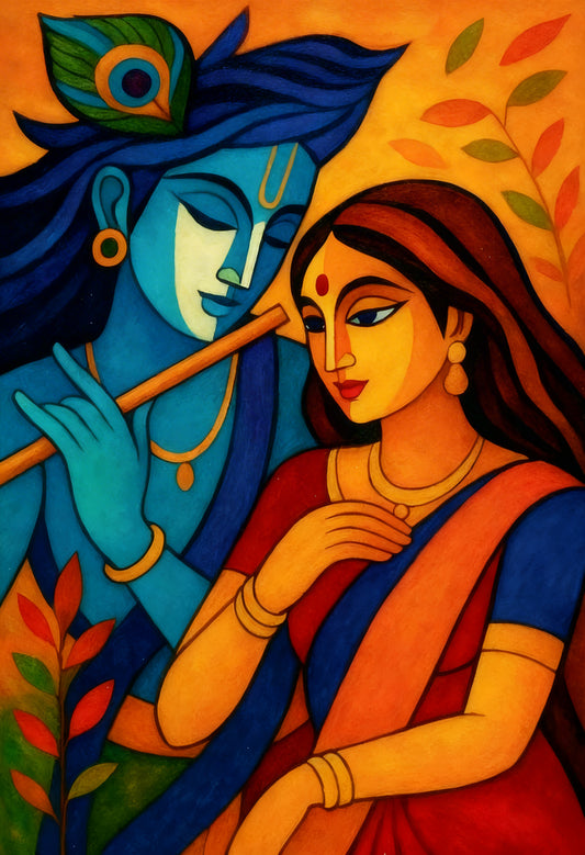 Radha Krishna Abstract Cubist digital Painting-Luxurious-Spiritual & Mindful 3D Textured Wall Art | UV Printed Embossed Canvas Wall Frame for Prayer room ,Meditation Space
