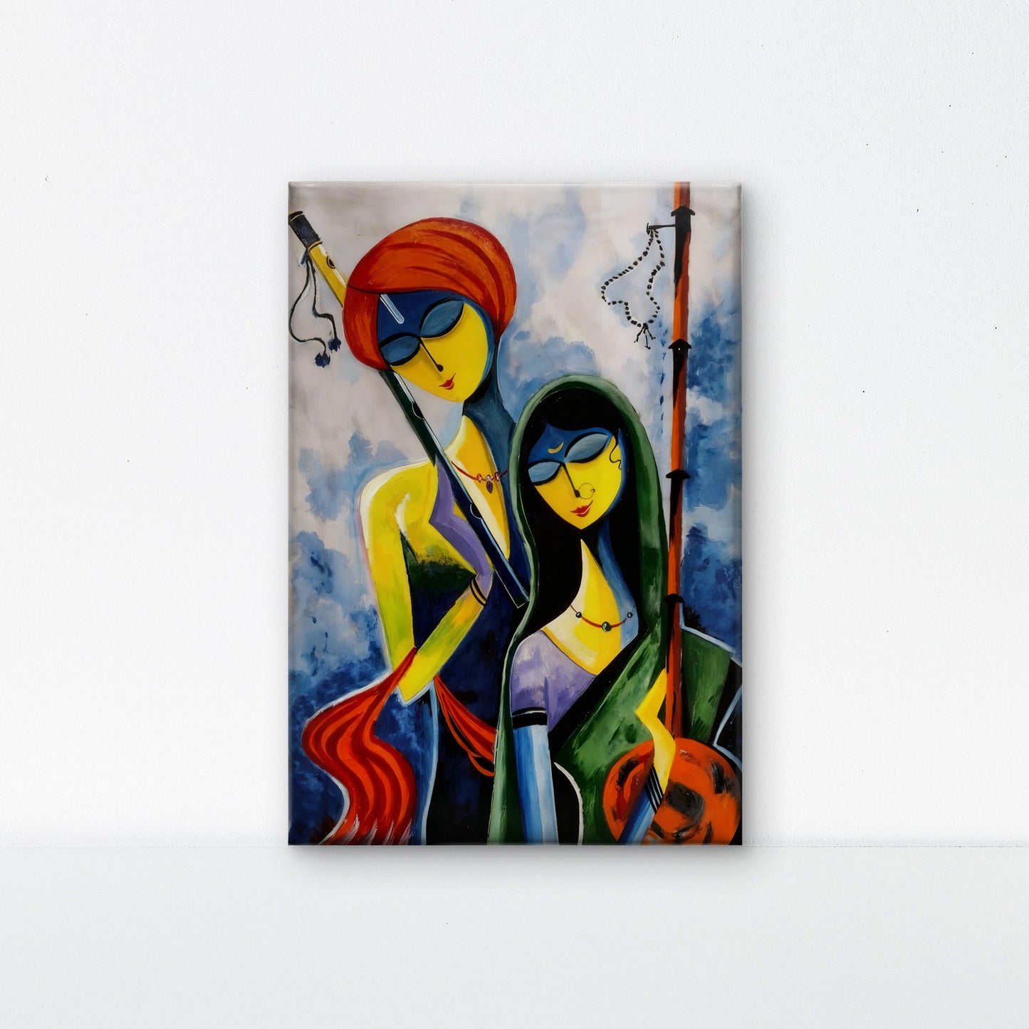 Radha Krishna with Flute-Luxurious-Spiritual & Mindful 3D Textured Wall Art | UV Printed Embossed Canvas Wall Frame for Prayer room ,Meditation Space