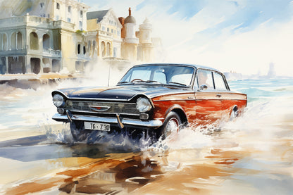 Retro car splits waves in Italian town-Luxurious-Nature and landscape | 3D Textured Wall Art | UV Printed Embossed Canvas Wall Frame for Home Decor,Living Room