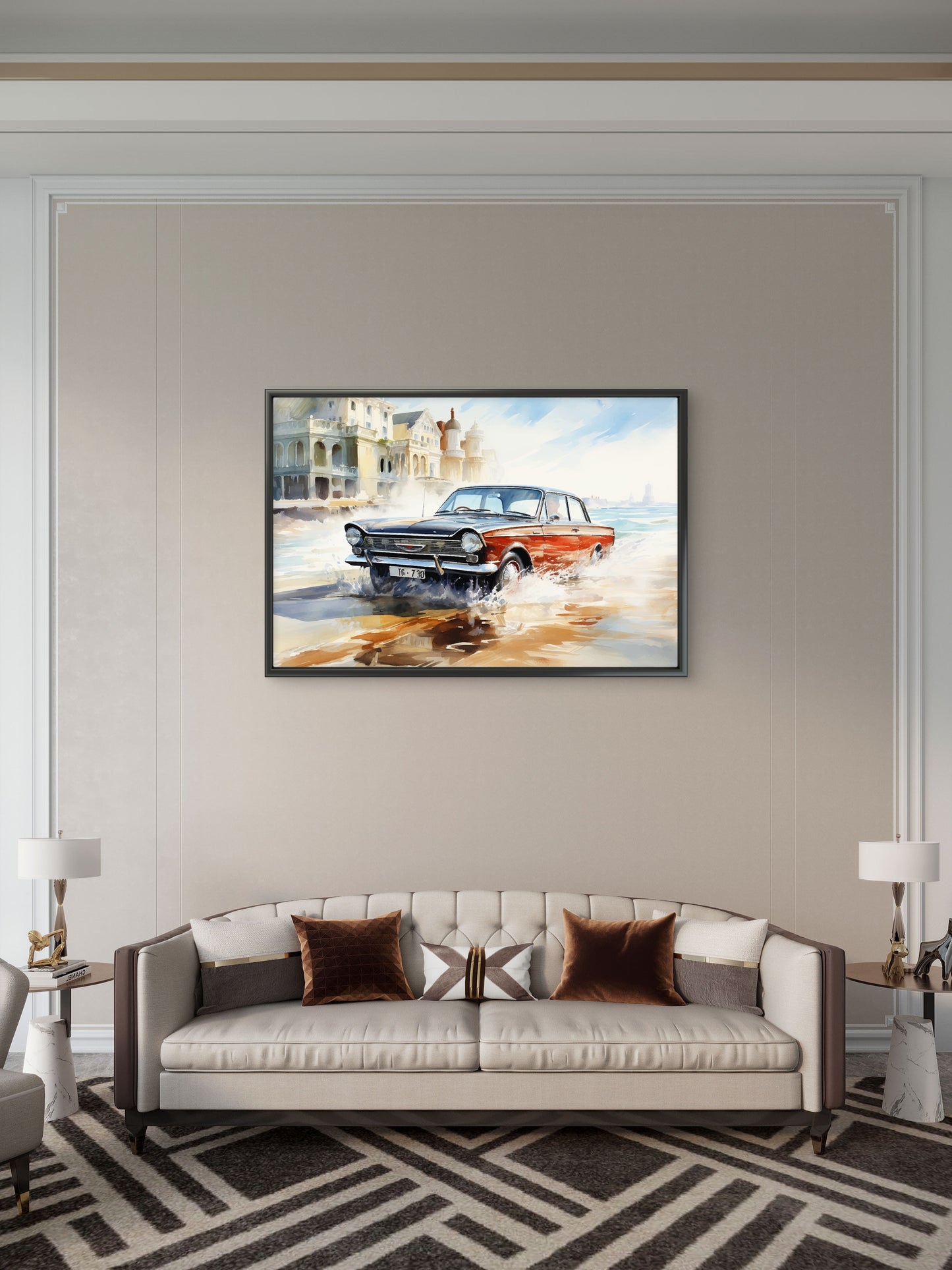 Retro car splits waves in Italian town-Luxurious-Nature and landscape | 3D Textured Wall Art | UV Printed Embossed Canvas Wall Frame for Home Decor,Living Room
