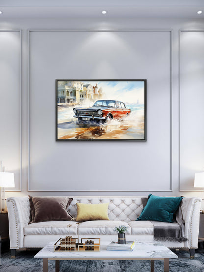 Retro car splits waves in Italian town-Luxurious-Nature and landscape | 3D Textured Wall Art | UV Printed Embossed Canvas Wall Frame for Home Decor,Living Room