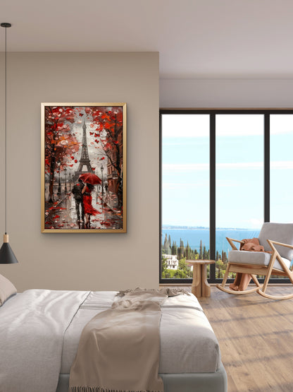 Romantic Couple Paris Street View-Luxurious-Love & Togetherness-3D Textured Wall Art | UV Embossed Canvas Wall Frame for bed room
