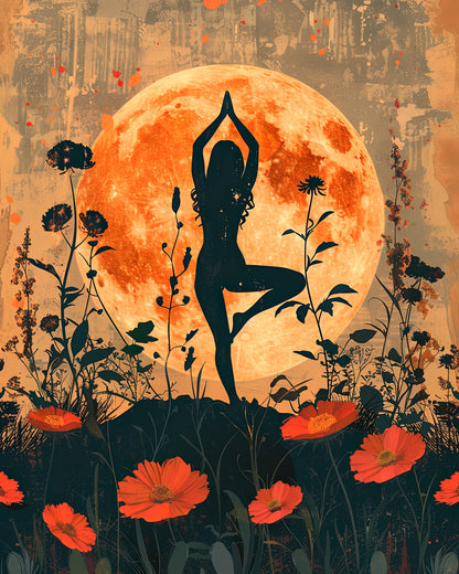 yoga silhouette against a large orange moon surrounded by stylized floral elements-Luxurious-Serenity & Wellness-3D Textured Wall Art | UV Embossed Canvas Wall Frame for Meditation Space