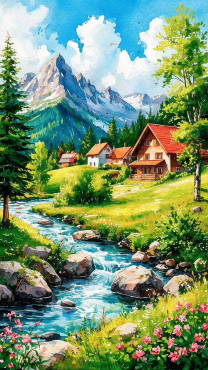 Scenic Countryside Alpine Valley Luxurious-Nature & Landscapes -3D Textured Wall Art | UV Embossed Canvas Wall Frame for Home decor