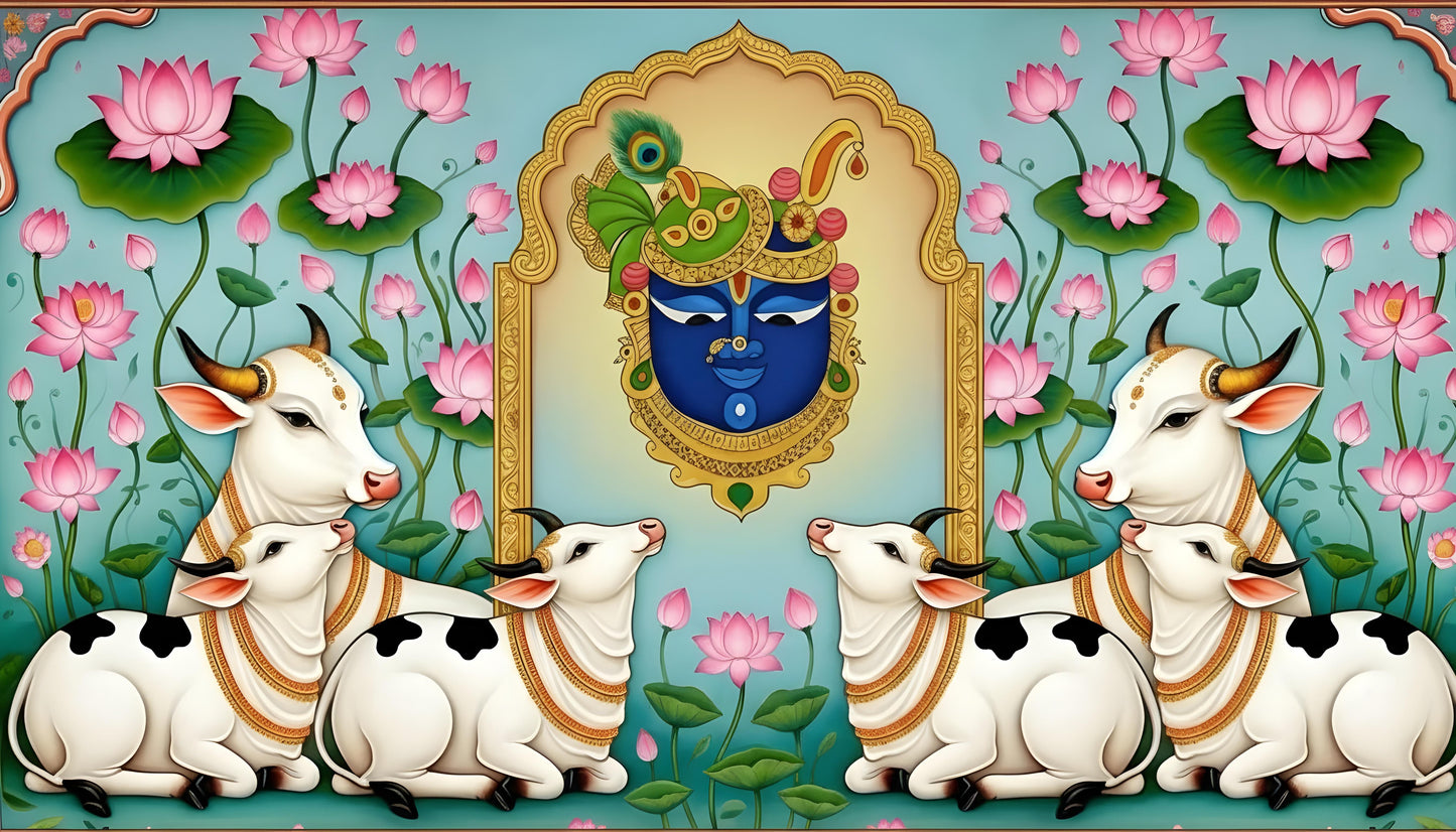 Shri Nathji’s Lotus Sanctuary-Luxurious-Spiritual & Mindful 3D Textured Wall Art | UV Printed Embossed Canvas Wall Frame for Prayer room ,Meditation Space