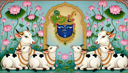 Shri Nathji’s Lotus Sanctuary-Luxurious-Spiritual & Mindful 3D Textured Wall Art | UV Printed Embossed Canvas Wall Frame for Prayer room ,Meditation Space