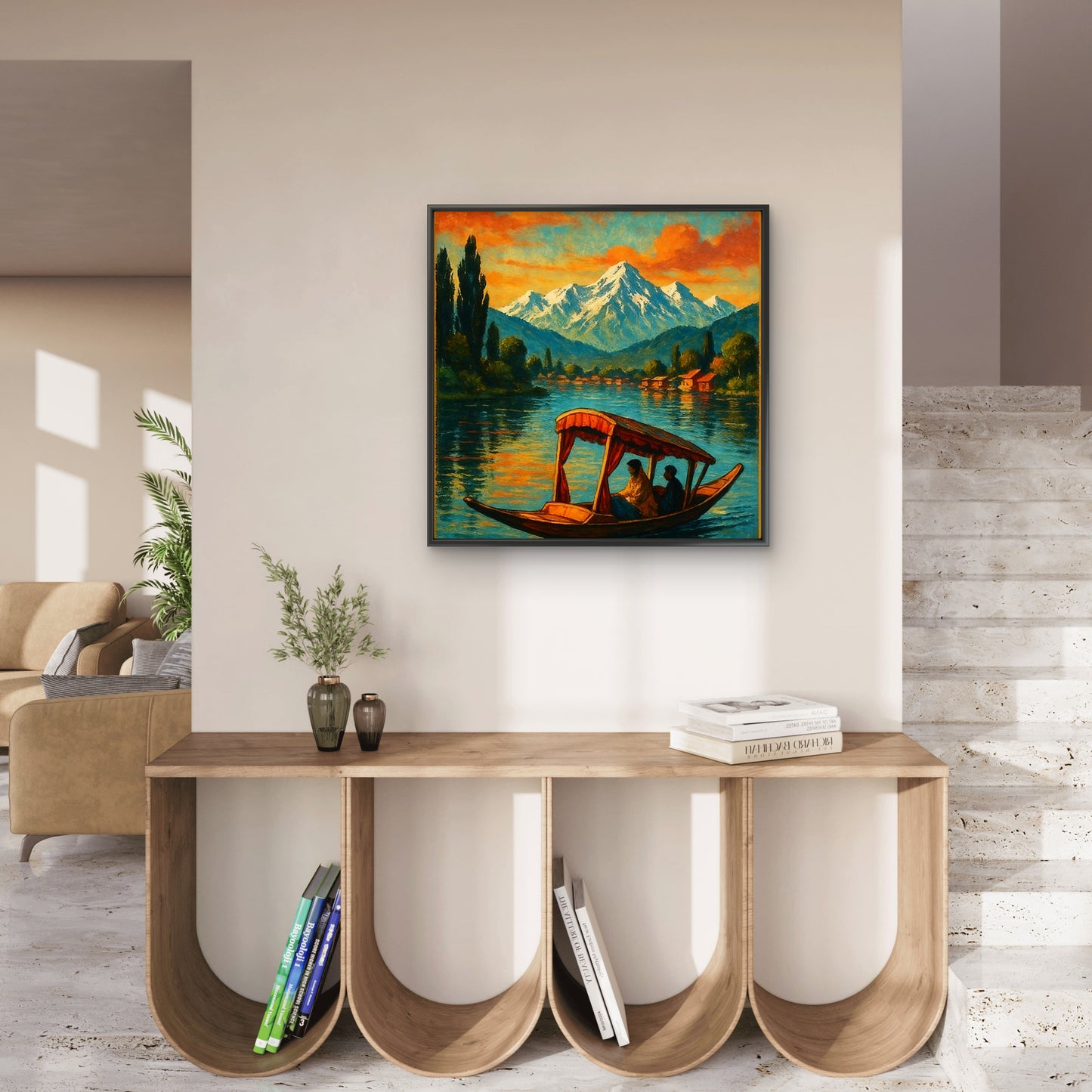 Srinagar Dal Lake Shikara Ride Kashmir Himalayas-Luxurious-Nature and landscape | 3D Textured Wall Art | UV Printed Embossed Canvas Wall Frame for Home Decor.office