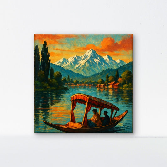 Srinagar Dal Lake Shikara Ride Kashmir Himalayas-Luxurious-Nature and landscape | 3D Textured Wall Art | UV Printed Embossed Canvas Wall Frame for Home Decor.office