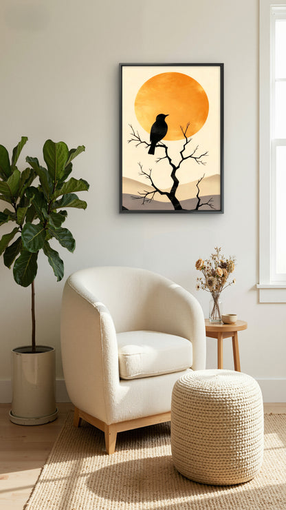 The Blackbird and the Golden Sun-Luxurious-Nature and landscape | 3D Textured Wall Art | UV Printed Embossed Canvas Wall Frame for Home Decor,Living Room