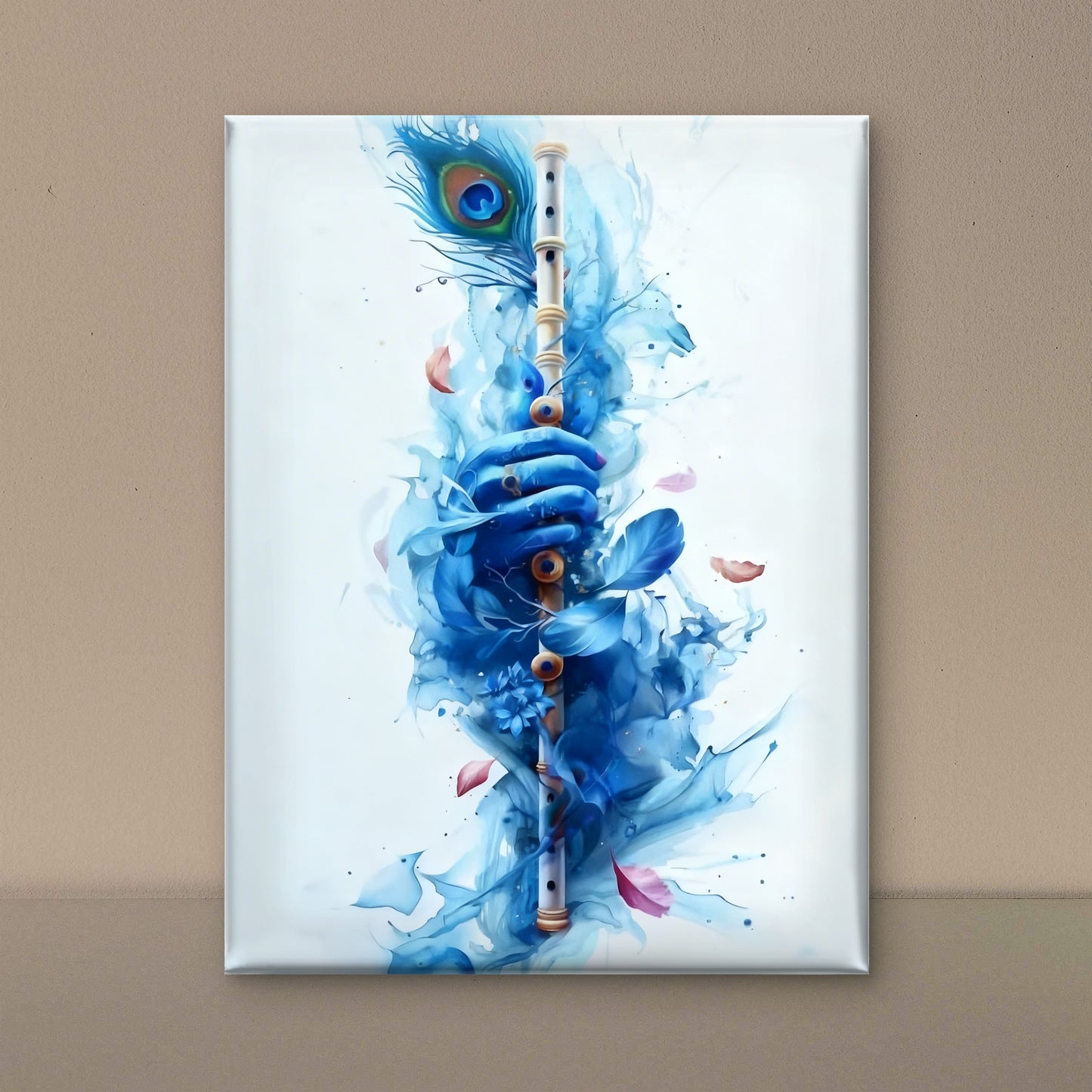 The Blue Flute of Krishna-Luxurious-Spiritual & Mindful 3D Textured Wall Art | UV Printed Embossed Canvas Wall Frame for Prayer room ,Meditation Space