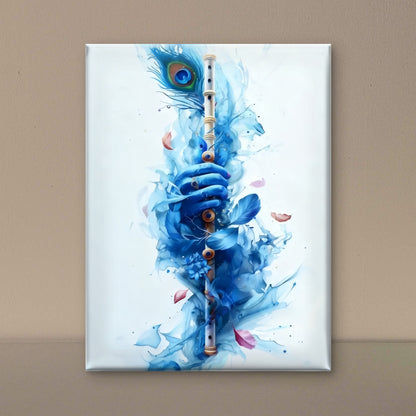 The Blue Flute of Krishna-Luxurious-Spiritual & Mindful 3D Textured Wall Art | UV Printed Embossed Canvas Wall Frame for Prayer room ,Meditation Space
