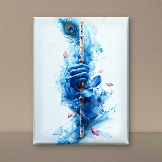 The Blue Flute of Krishna-Luxurious-Spiritual & Mindful 3D Textured Wall Art | UV Printed Embossed Canvas Wall Frame for Prayer room ,Meditation Space
