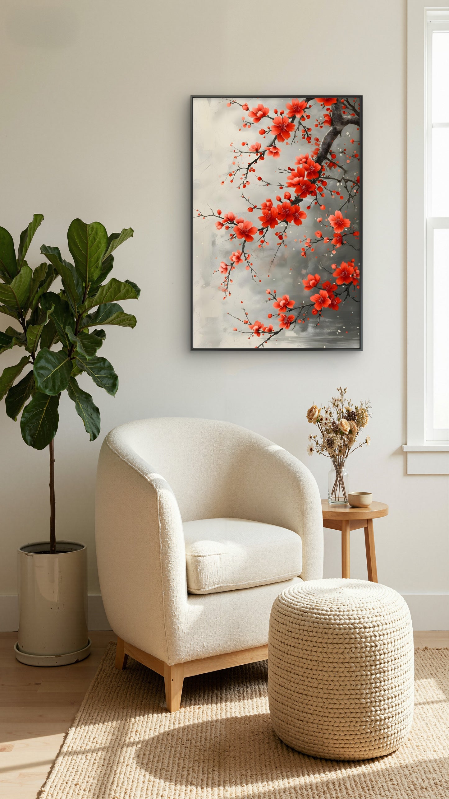 The Crimson Plum Branch-Premium-Floral & Botanical-3D Textured Wall Art | UV Embossed Canvas Wall Frame for Living room and bed room