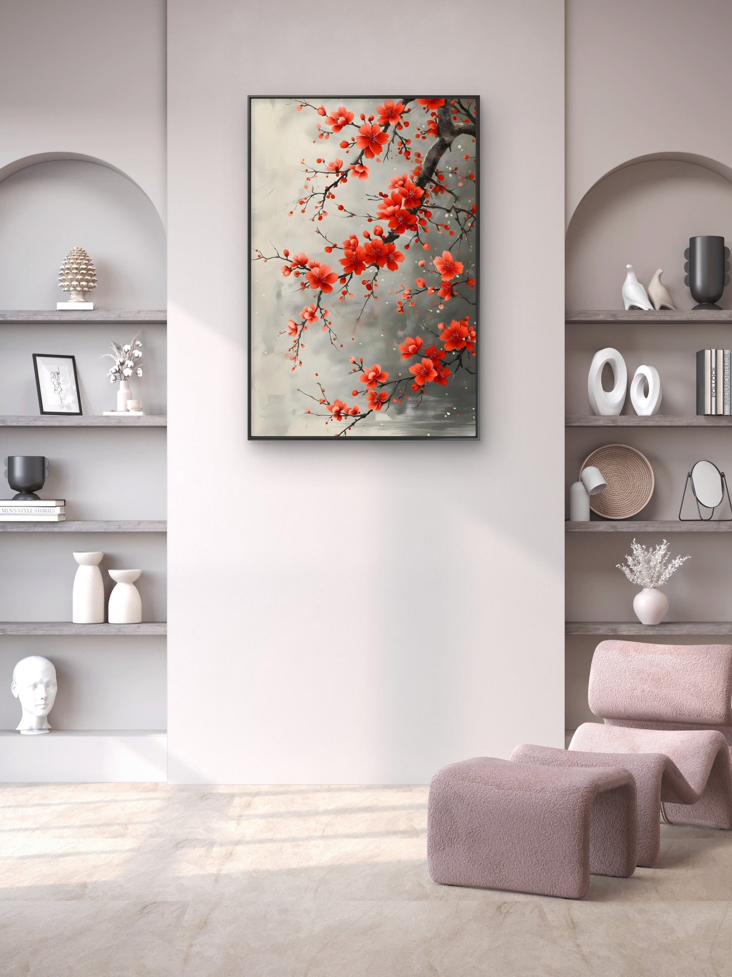 The Crimson Plum Branch-Premium-Floral & Botanical-3D Textured Wall Art | UV Embossed Canvas Wall Frame for Living room and bed room