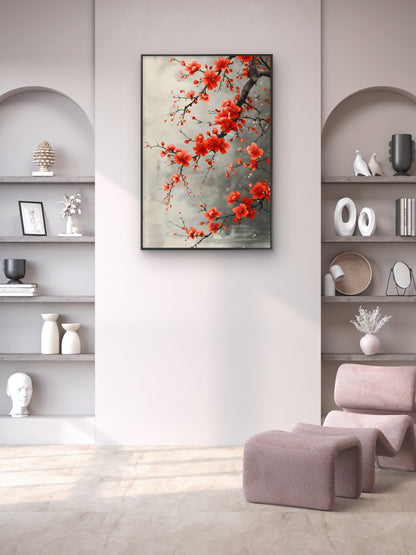 The Crimson Plum Branch-Premium-Floral & Botanical-3D Textured Wall Art | UV Embossed Canvas Wall Frame for Living room and bed room