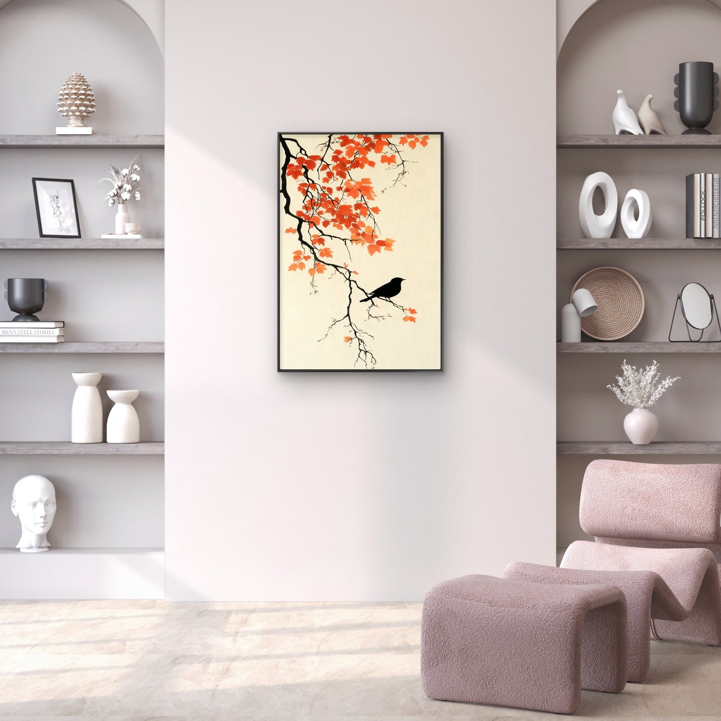 The Crow and the Autumn Maple-Luxury-Floral & Botanical-3D Textured Wall Art | UV Embossed Canvas Wall Frame for home decor and living room