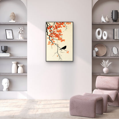 The Crow and the Autumn Maple-Luxury-Floral & Botanical-3D Textured Wall Art | UV Embossed Canvas Wall Frame for home decor and living room