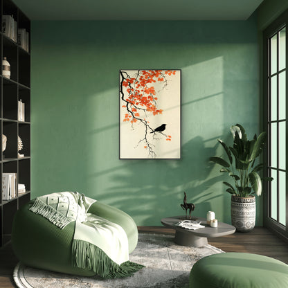The Crow and the Autumn Maple-Luxury-Floral & Botanical-3D Textured Wall Art | UV Embossed Canvas Wall Frame for home decor and living room