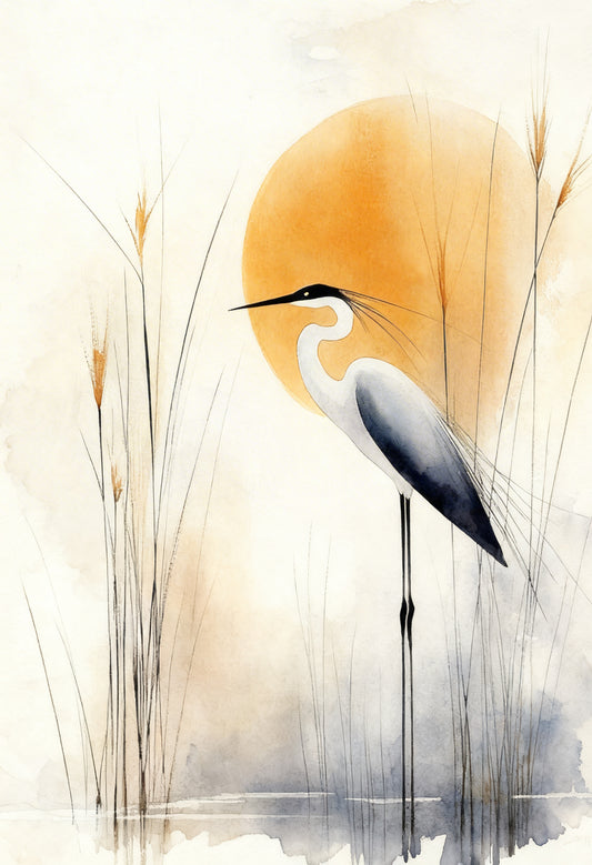The Egret and the Golden Sun-Luxurious-Wildlife & Animals-3D Textured Wall Art | UV Embossed Canvas Wall Frame for Home decor