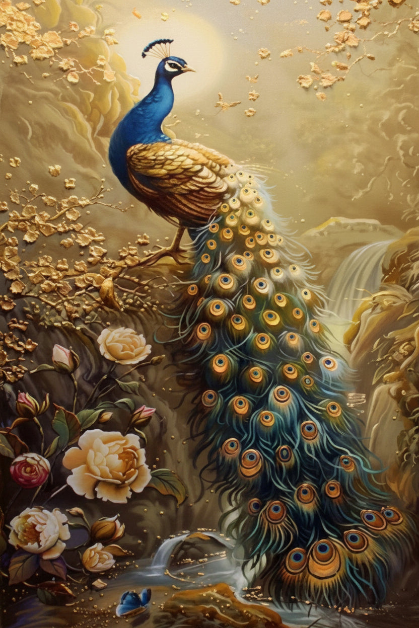 The Golden Peacock and the Waterfall-Luxurious-Wildlife & Animals-3D Textured Wall Art | UV Embossed Canvas Wall Frame for Home decor
