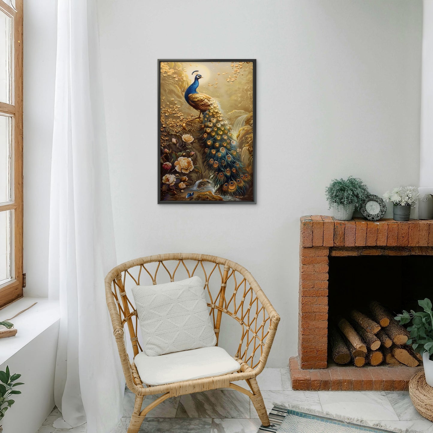 The Golden Peacock and the Waterfall-Luxurious-Wildlife & Animals-3D Textured Wall Art | UV Embossed Canvas Wall Frame for Home decor