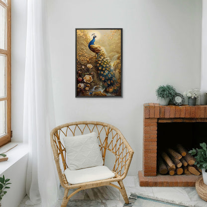 The Golden Peacock and the Waterfall-Luxurious-Wildlife & Animals-3D Textured Wall Art | UV Embossed Canvas Wall Frame for Home decor