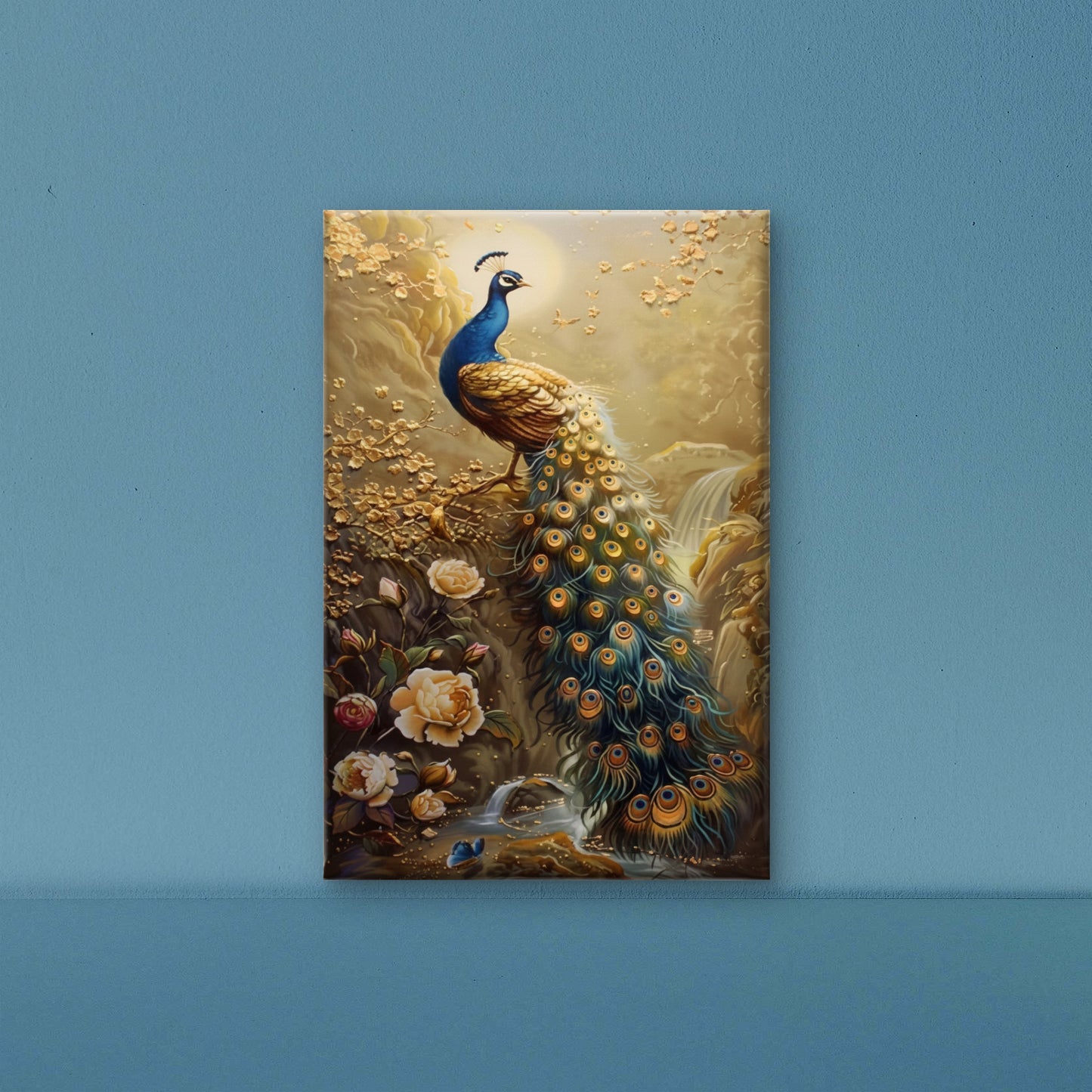 The Golden Peacock and the Waterfall-Luxurious-Wildlife & Animals-3D Textured Wall Art | UV Embossed Canvas Wall Frame for Home decor