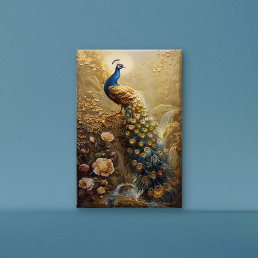 The Golden Peacock and the Waterfall-Luxurious-Wildlife & Animals-3D Textured Wall Art | UV Embossed Canvas Wall Frame for Home decor