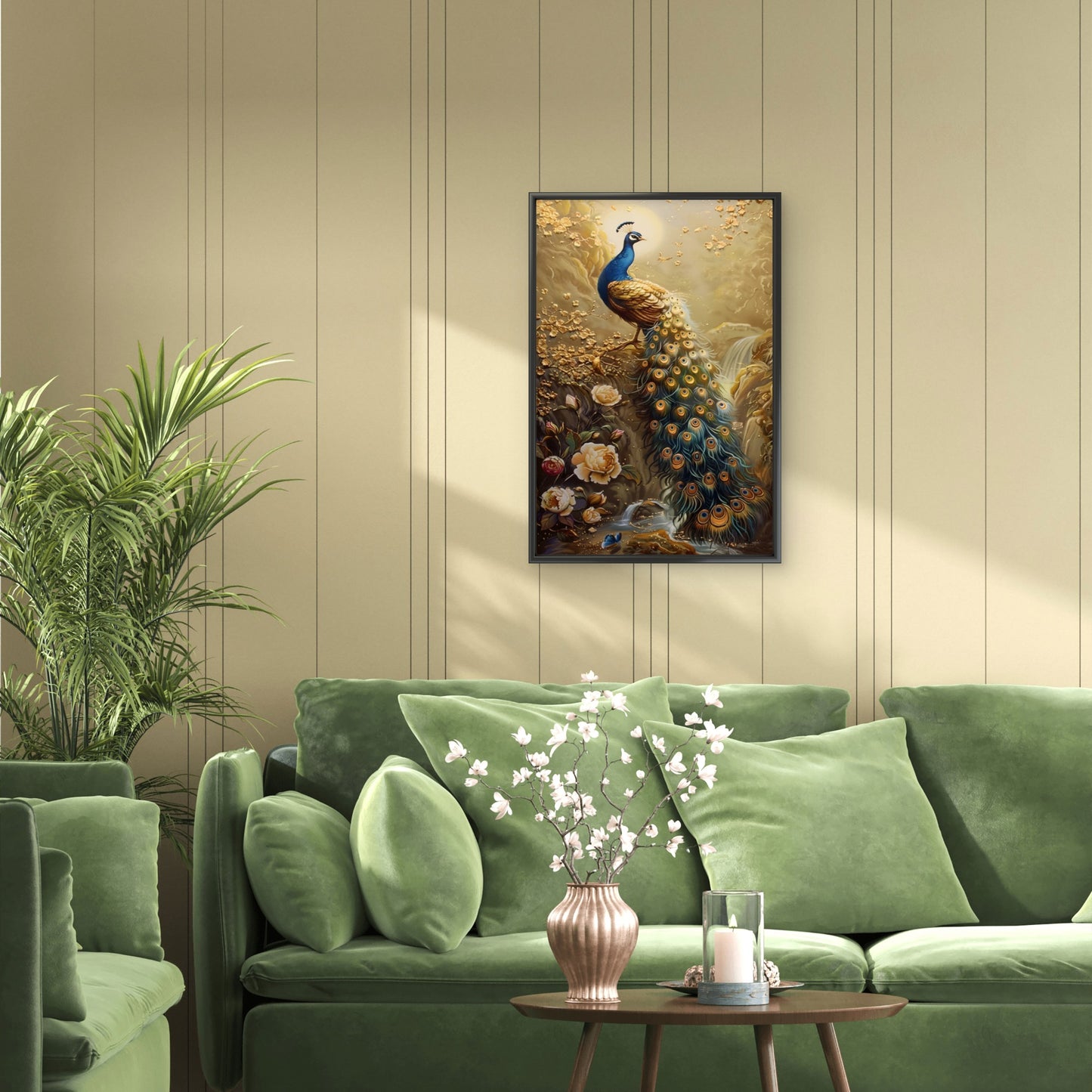 The Golden Peacock and the Waterfall-Luxurious-Wildlife & Animals-3D Textured Wall Art | UV Embossed Canvas Wall Frame for Home decor