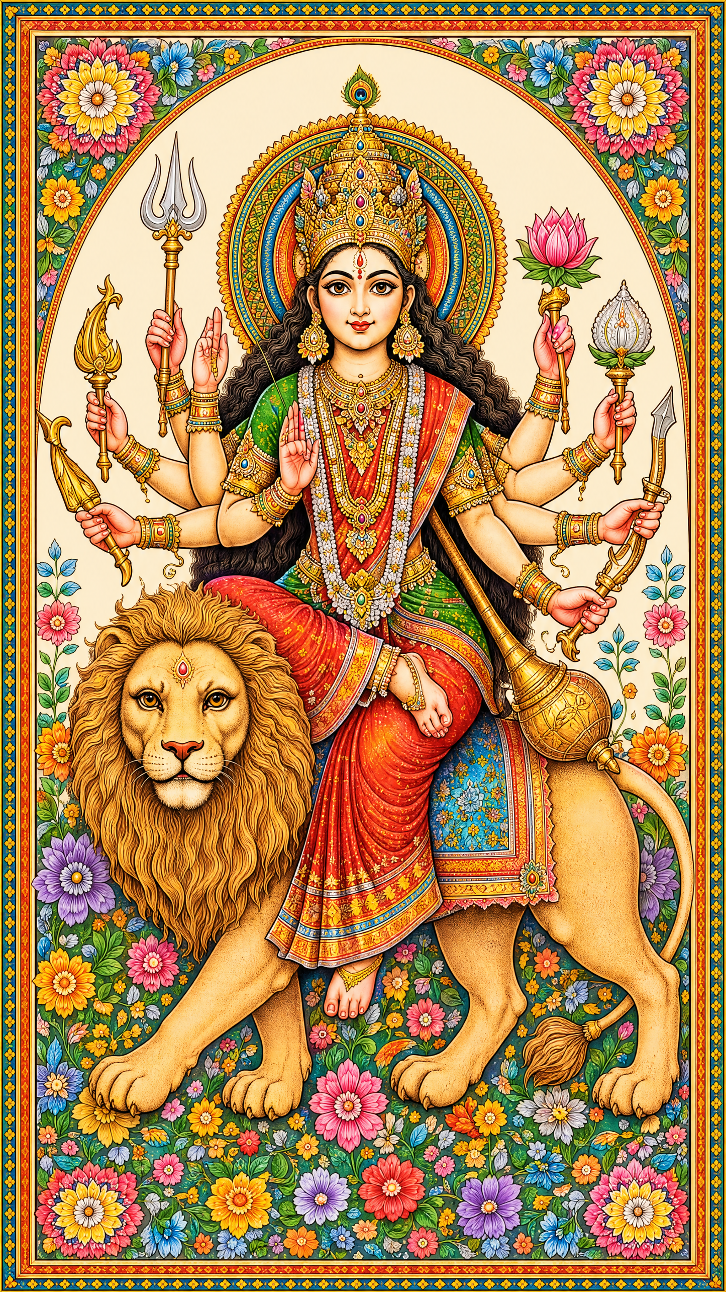 The Hindu goddess Durga-Luxurious-Spiritual & Mindful-3D Textured Wall Art | UV Embossed Canvas Wall Frame for Home decor