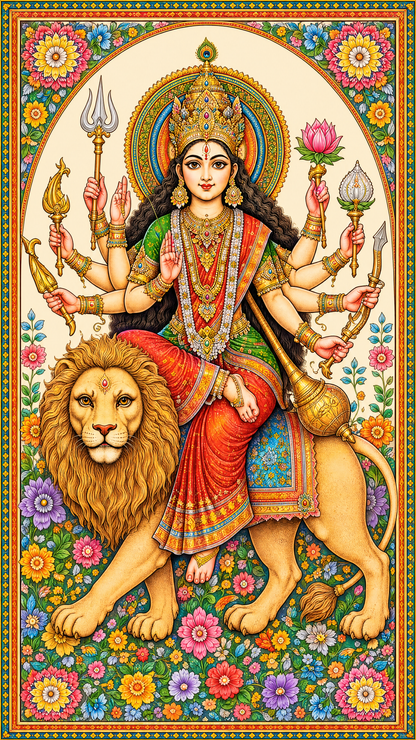The Hindu goddess Durga-Luxurious-Spiritual & Mindful-3D Textured Wall Art | UV Embossed Canvas Wall Frame for Home decor