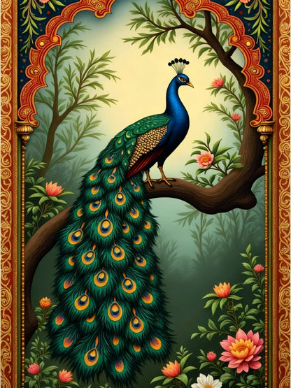 The Royal Jharokha Peacock-Luxurious | 3D Textured Wall Art | UV Printed Embossed Canvas Wall Frame for living room,home decor