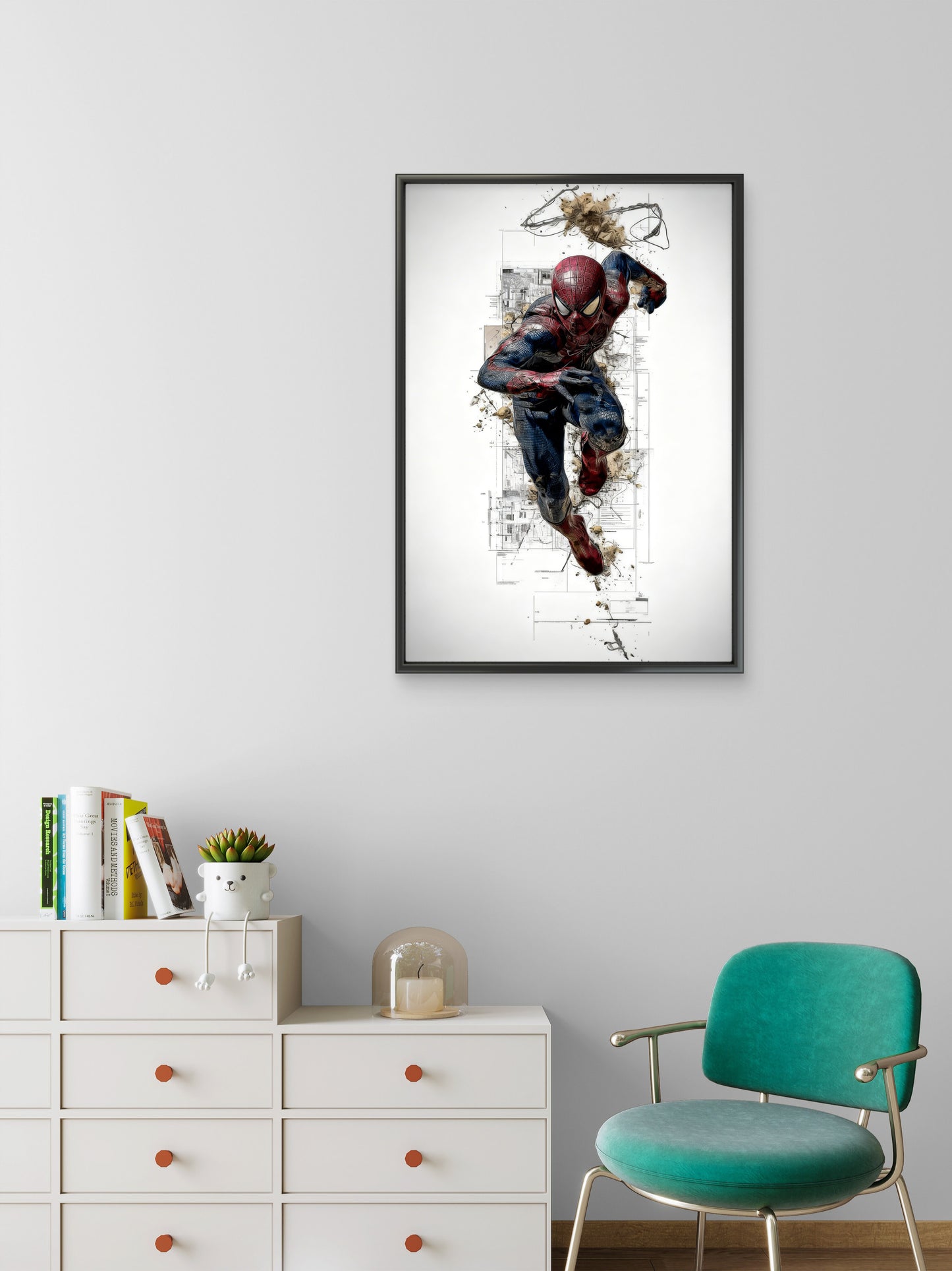 This dynamic piece of Spider-Man-Premium-Kids & Whimsical-3D Textured Wall Art | UV Embossed Canvas Wall Frame for Kids room