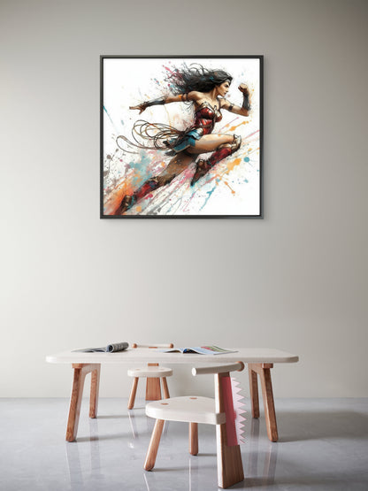 This dynamic Wonder Woman-Premium-Kids & Whimsical-3D Textured Wall Art | UV Embossed Canvas Wall Frame for Kids room