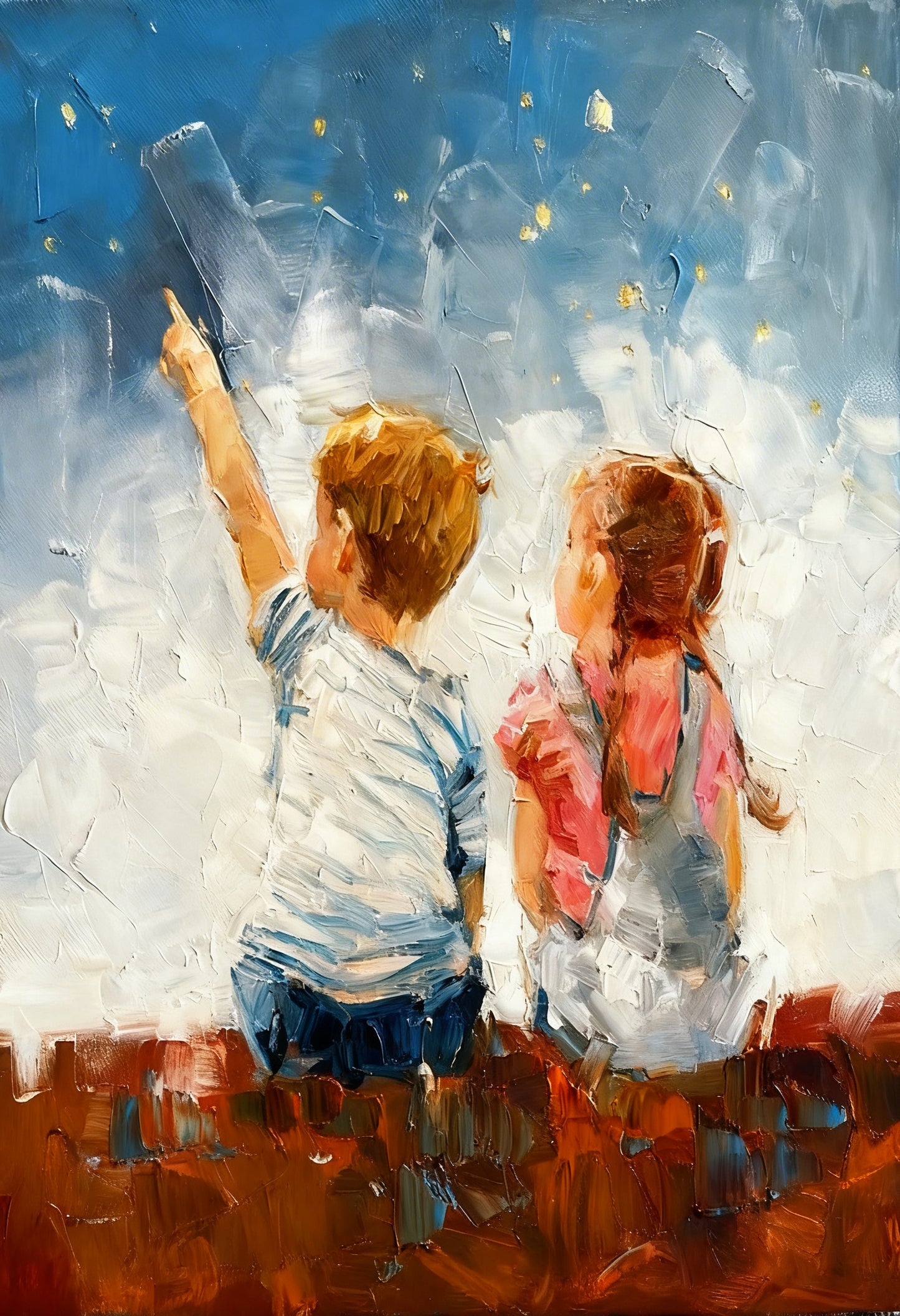 This evocative of two children stargazing is titled Starry Starry Night-Premium-Kids & Whimsical-3D Textured Wall Art | UV Embossed Canvas Wall Frame for Kids room