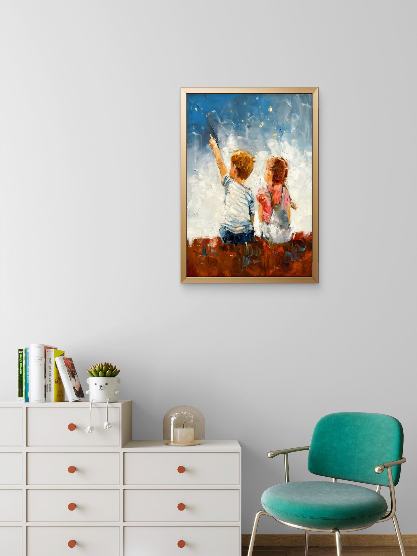 This evocative of two children stargazing is titled Starry Starry Night-Premium-Kids & Whimsical-3D Textured Wall Art | UV Embossed Canvas Wall Frame for Kids room