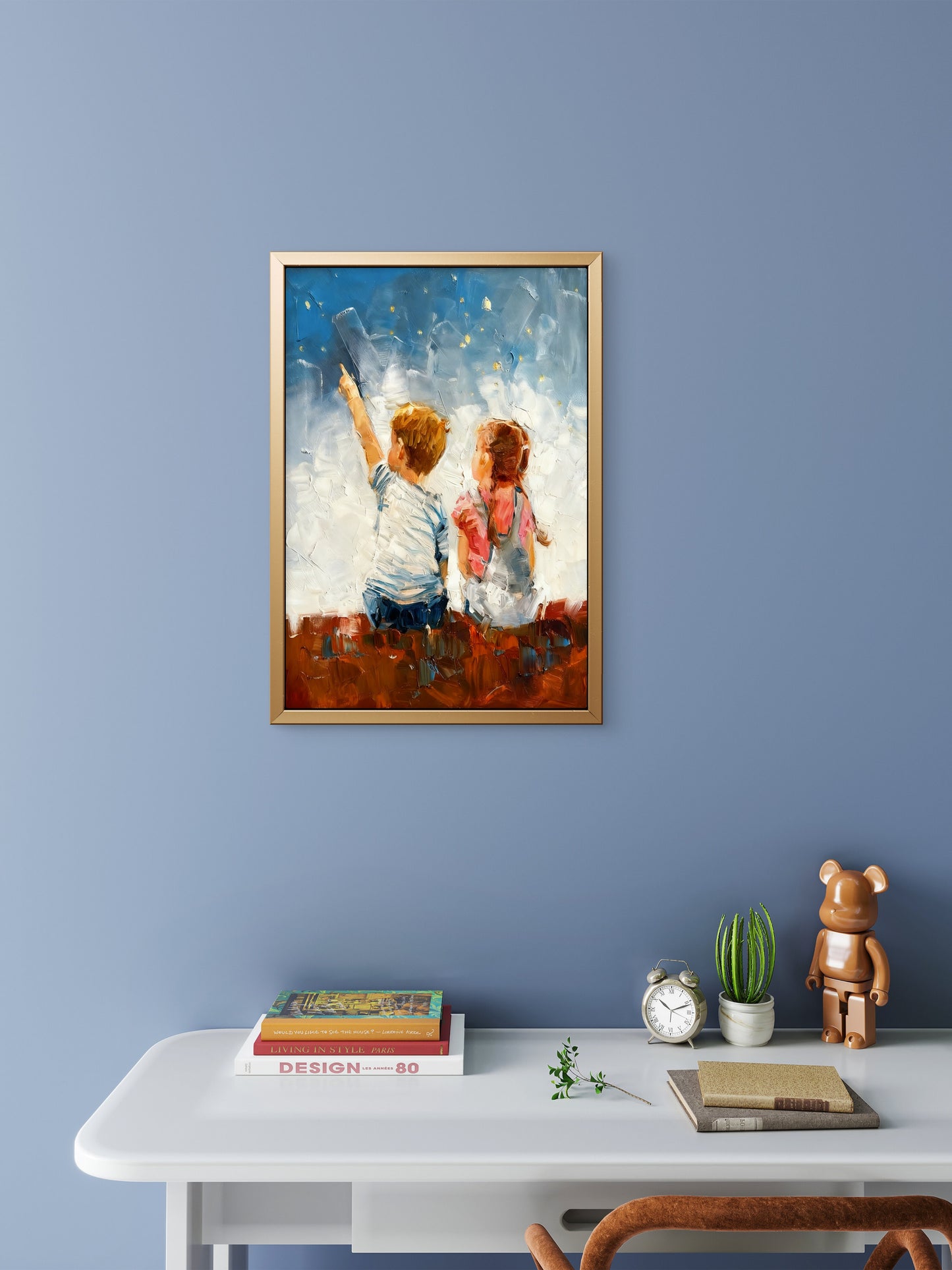 This evocative of two children stargazing is titled Starry Starry Night-Premium-Kids & Whimsical-3D Textured Wall Art | UV Embossed Canvas Wall Frame for Kids room