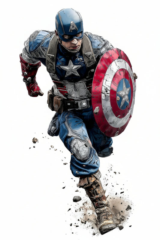 This gritty, high-action sketch of Captain America-Luxury-Kids & Whimsical-3D Textured Wall Art | UV Embossed Canvas Wall Frame for Kids room