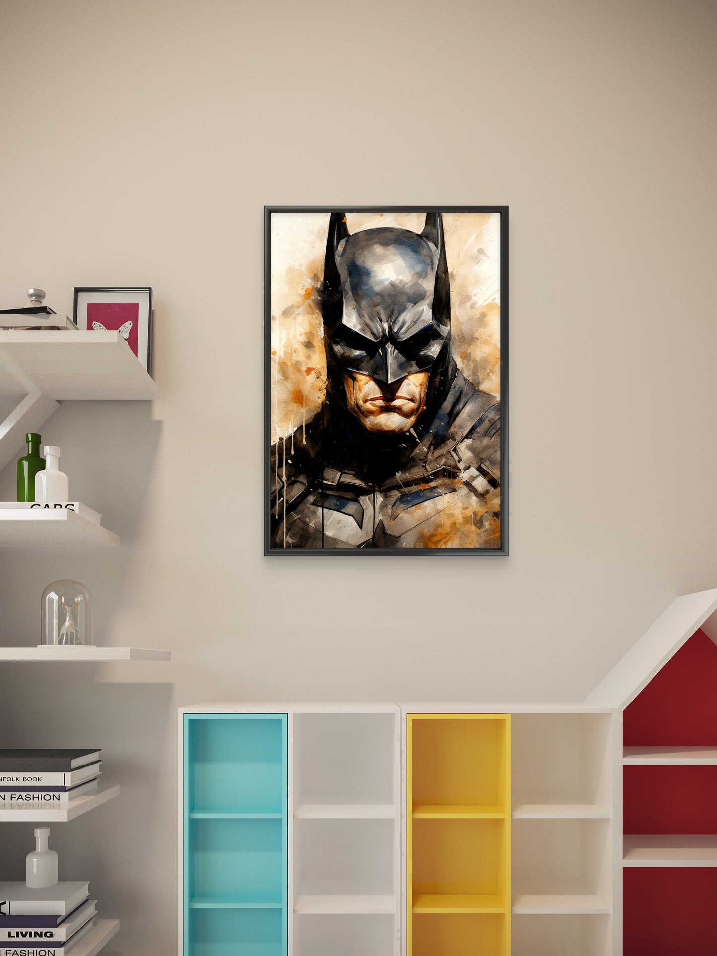 This intense watercolor of Batman-Premium-Kids & Whimsical-3D Textured Wall Art | UV Embossed Canvas Wall Frame for Kids room
