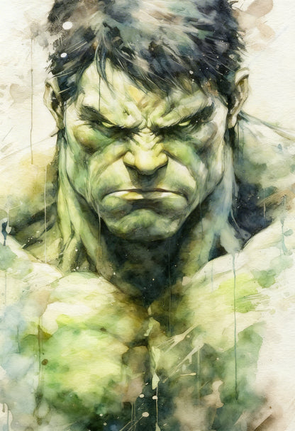 This intense watercolor portrait of The Hulk-Premium-Kids & Whimsical-3D Textured Wall Art | UV Embossed Canvas Wall Frame for Kids room